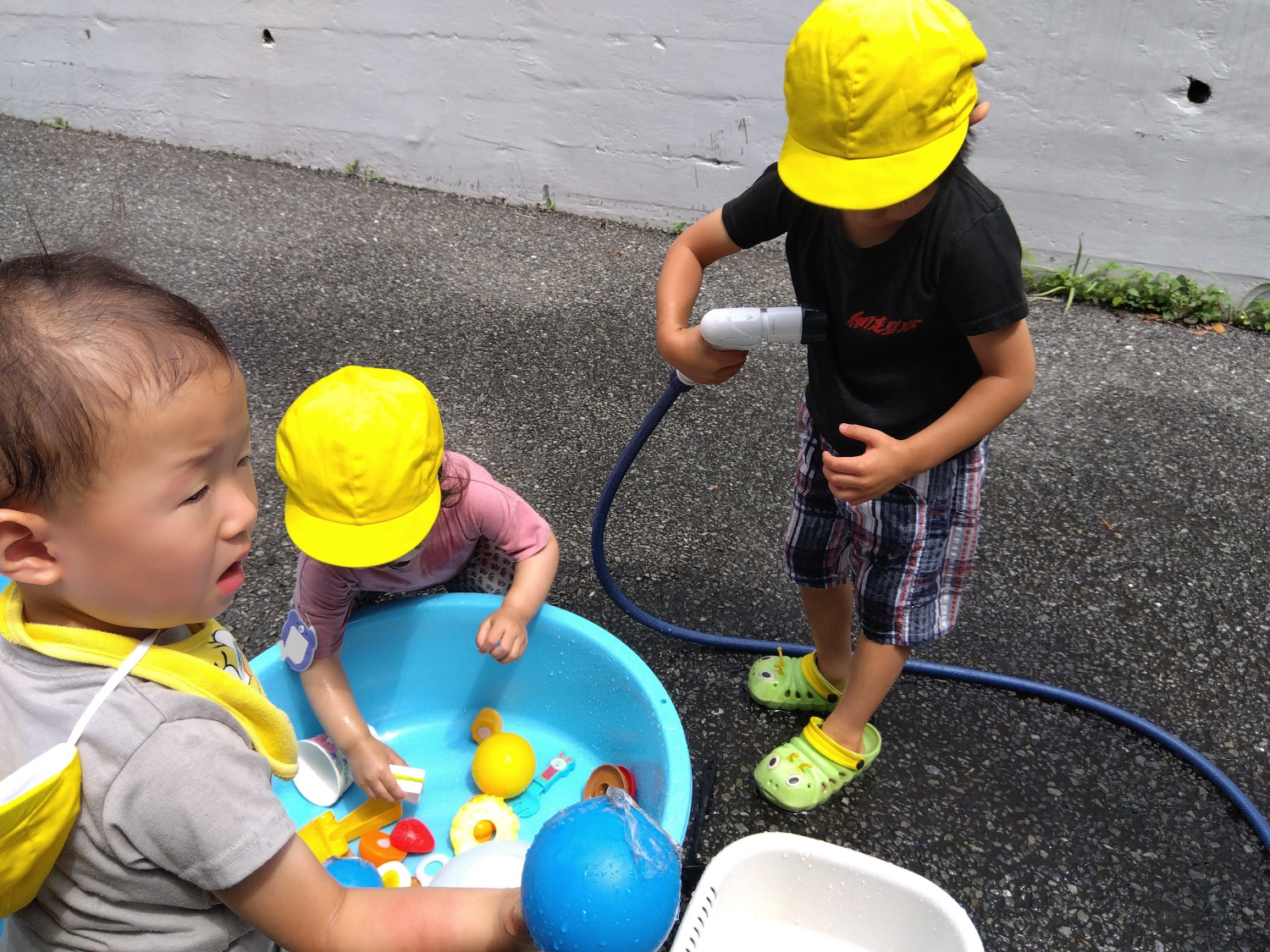 たらいとホースで水遊びをする子どもたち