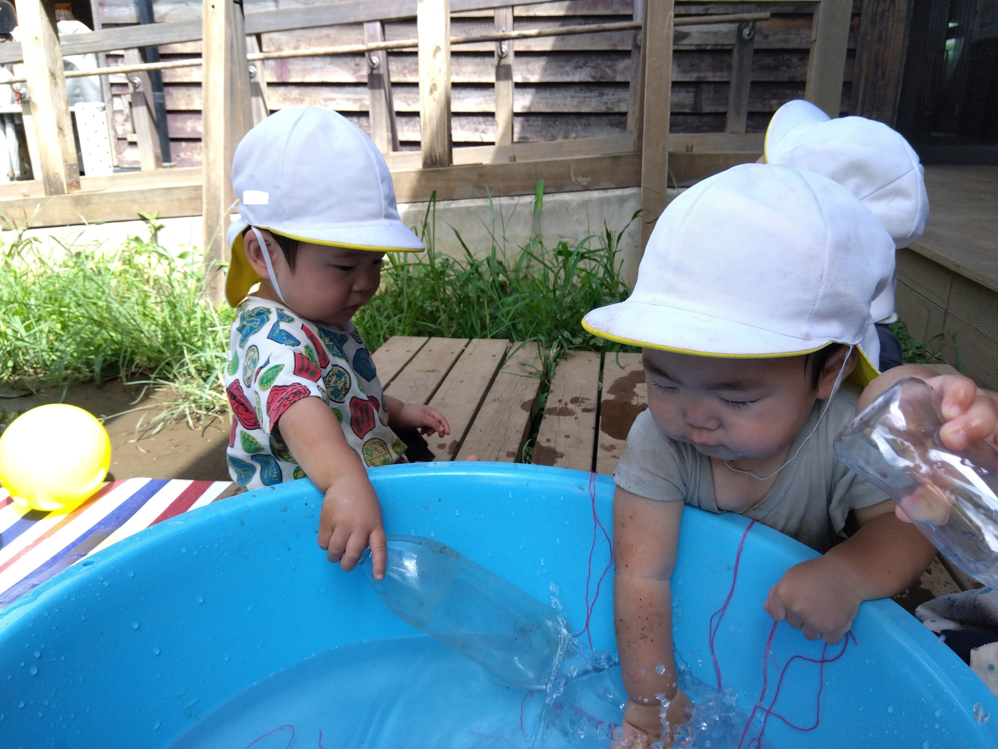 タライの水で遊ぶ子どもたち