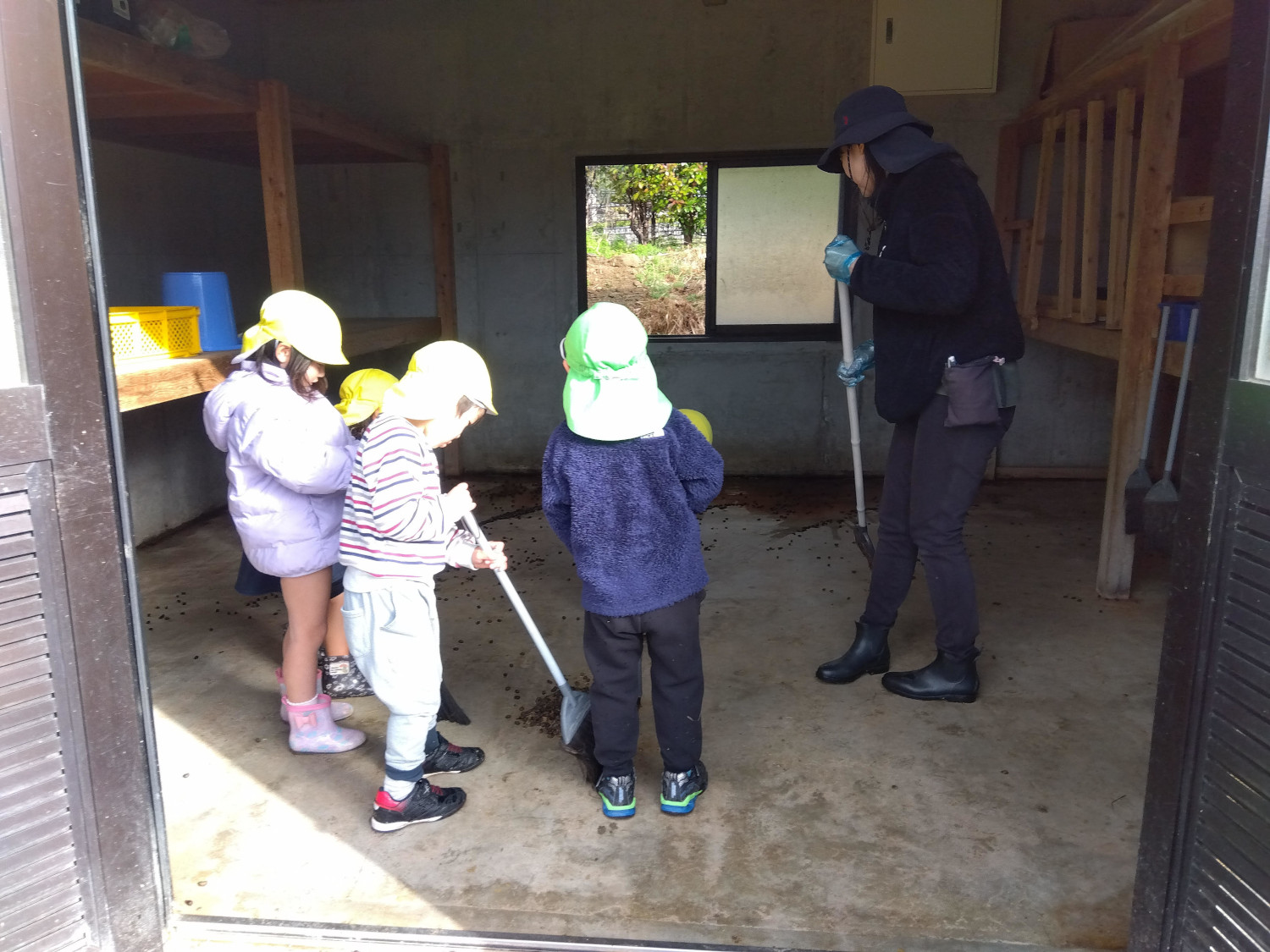 ヤギ小屋を掃除する子どもたち