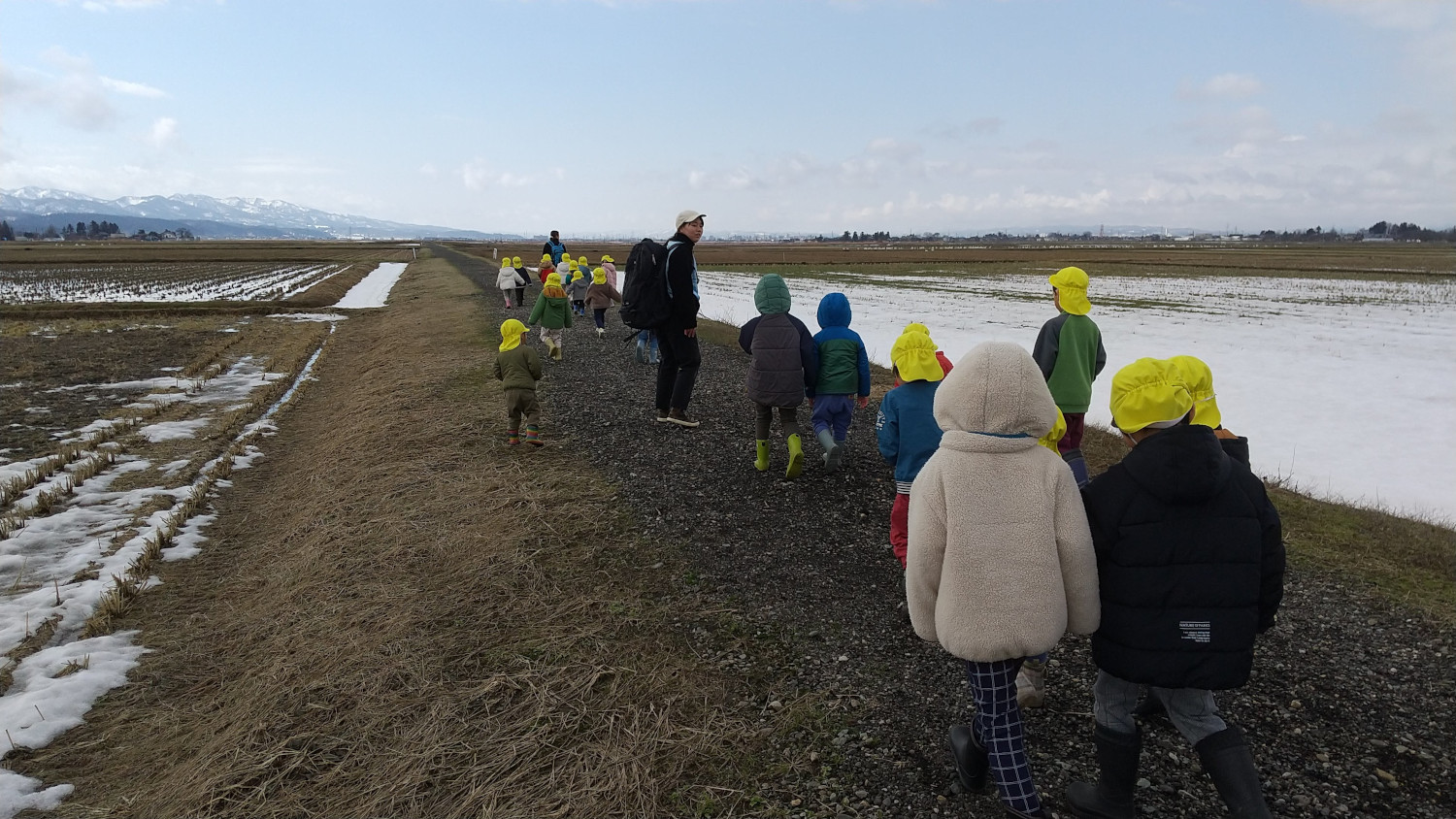 あぜ道を散歩する子どもたち